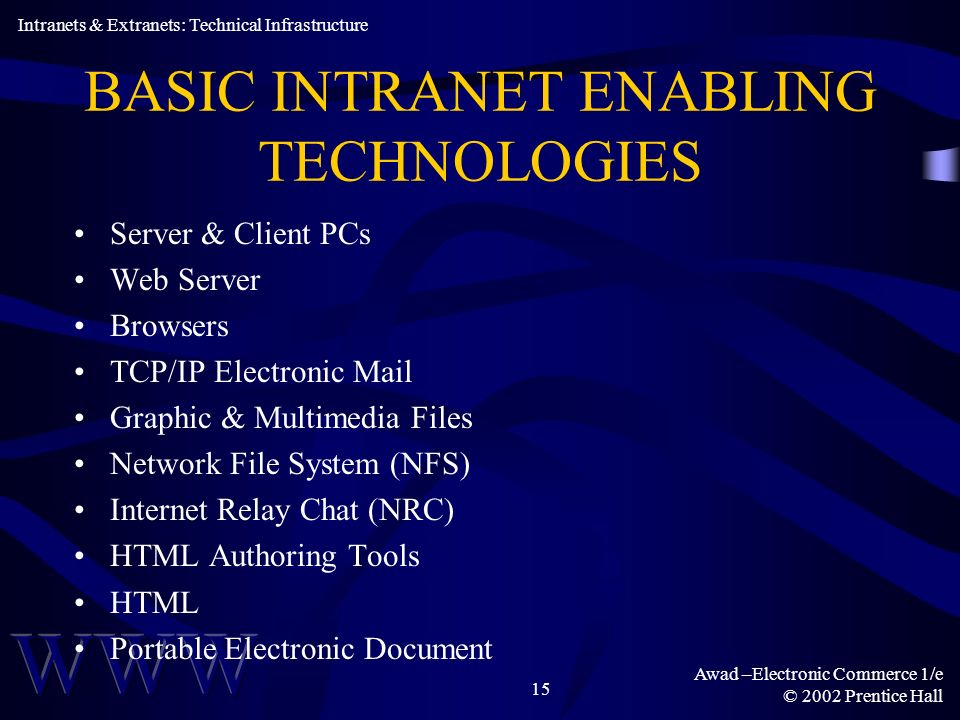Awad –Electronic Commerce 1/e © 2002 Prentice Hall 15 BASIC INTRANET ENABLING TECHNOLOGIES Server & Client PCs Web Server Browsers TCP/IP Electronic Mail Graphic & Multimedia Files Network File System (NFS) Internet Relay Chat (NRC) HTML Authoring Tools HTML Portable Electronic Document Intranets & Extranets: Technical Infrastructure