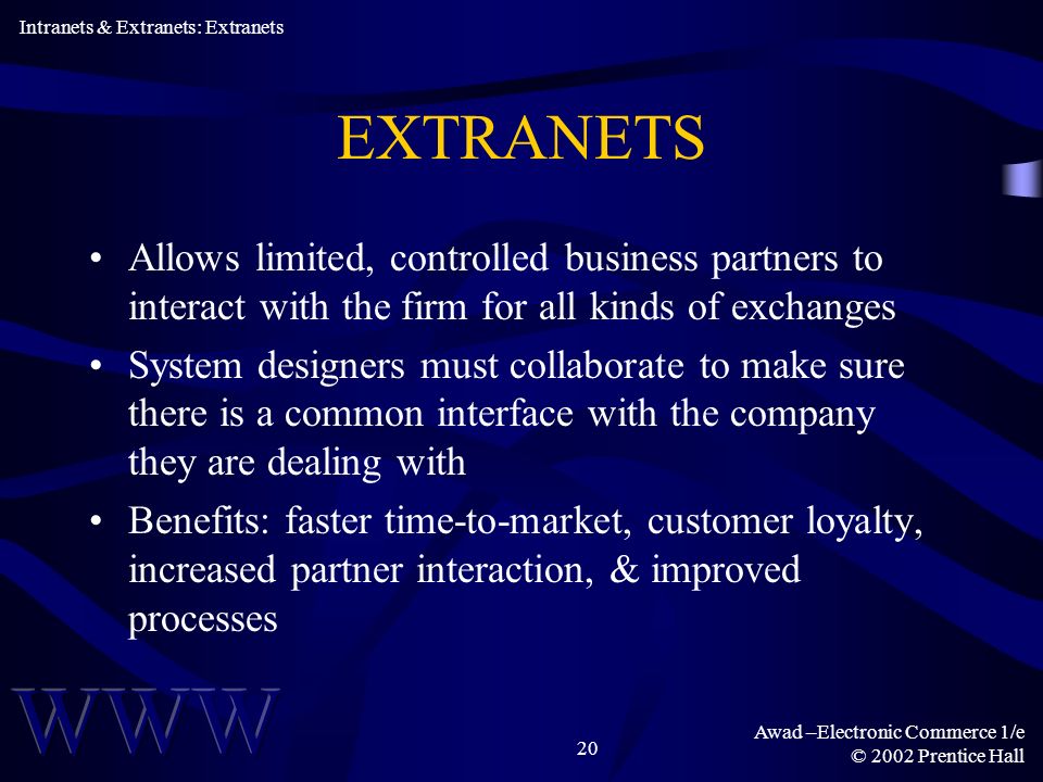 Awad –Electronic Commerce 1/e © 2002 Prentice Hall 20 EXTRANETS Allows limited, controlled business partners to interact with the firm for all kinds of exchanges System designers must collaborate to make sure there is a common interface with the company they are dealing with Benefits: faster time-to-market, customer loyalty, increased partner interaction, & improved processes Intranets & Extranets: Extranets