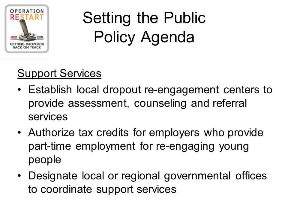 Setting the Public Policy Agenda Support Services Establish local dropout re-engagement centers to provide assessment, counseling and referral services Authorize tax credits for employers who provide part-time employment for re-engaging young people Designate local or regional governmental offices to coordinate support services