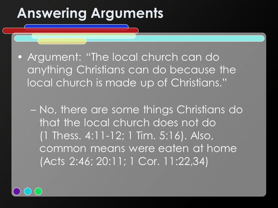 Answering Arguments Argument: The local church can do anything Christians can do because the local church is made up of Christians.