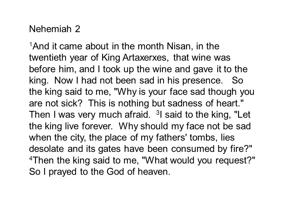 Nehemiah 2 1 And it came about in the month Nisan, in the twentieth year of King Artaxerxes, that wine was before him, and I took up the wine and gave it to the king.