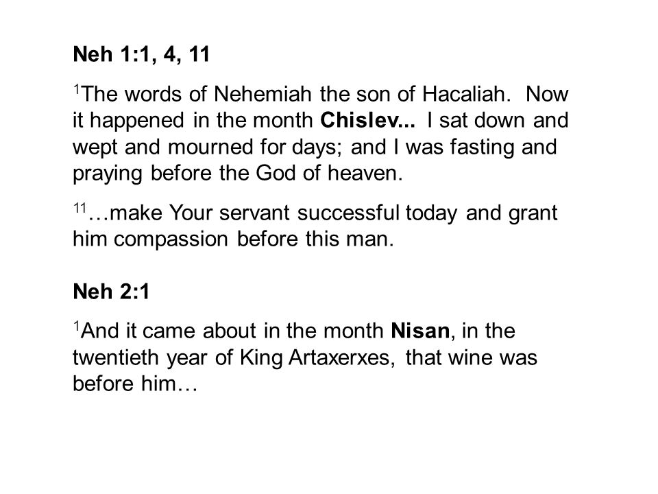 Neh 1:1, 4, 11 1 The words of Nehemiah the son of Hacaliah.
