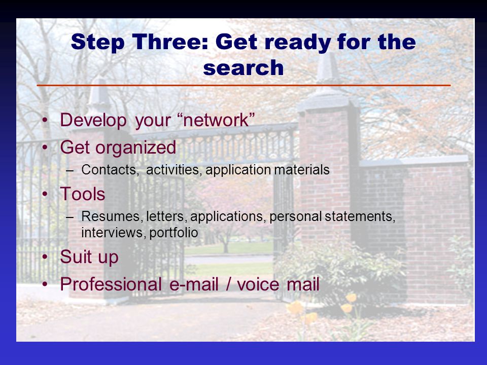 Step Three: Get ready for the search Develop your network Get organized –Contacts, activities, application materials Tools –Resumes, letters, applications, personal statements, interviews, portfolio Suit up Professional  / voice mail