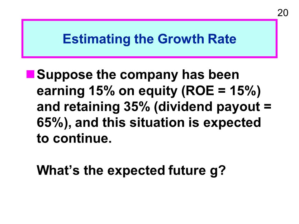 20 Estimating the Growth Rate Suppose the company has been earning 15% on equity (ROE = 15%) and retaining 35% (dividend payout = 65%), and this situation is expected to continue.