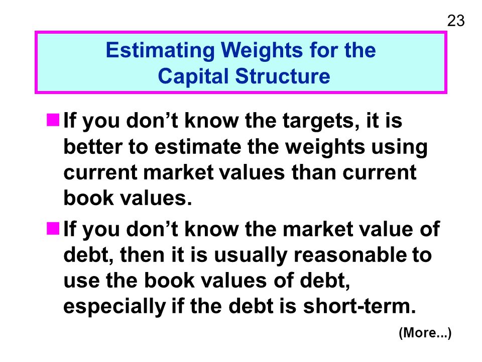 23 Estimating Weights for the Capital Structure If you dont know the targets, it is better to estimate the weights using current market values than current book values.