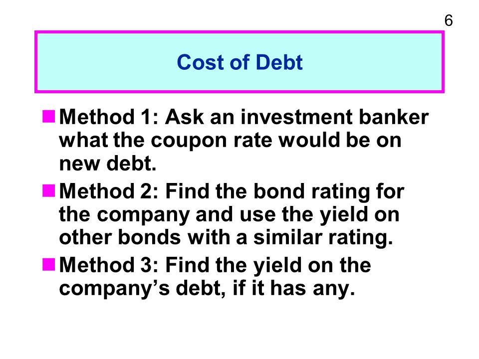 6 Cost of Debt Method 1: Ask an investment banker what the coupon rate would be on new debt.