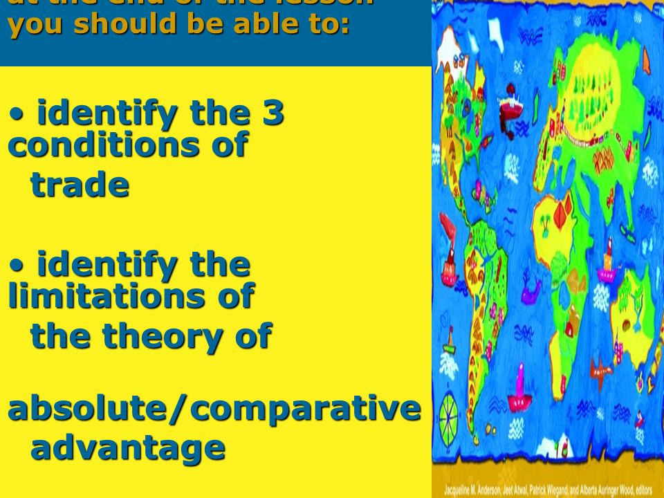 at the end of the lesson you should be able to: identify the 3 conditions of identify the 3 conditions of trade trade identify the limitations of identify the limitations of the theory of the theory of absolute/comparative absolute/comparative advantage advantage