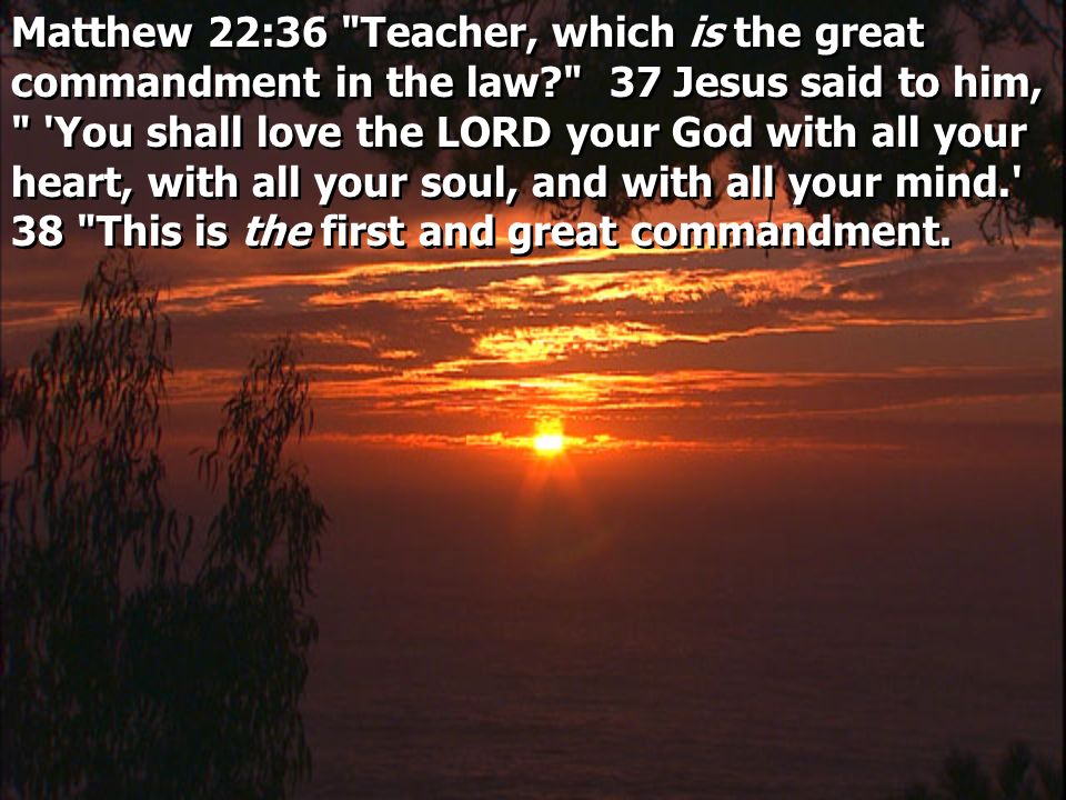 Matthew 22:36 Teacher, which is the great commandment in the law 37 Jesus said to him, You shall love the LORD your God with all your heart, with all your soul, and with all your mind. 38 This is the first and great commandment.
