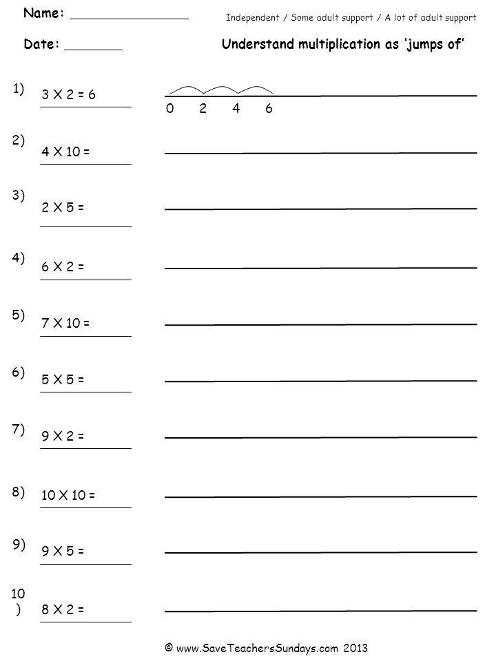Name: Date: Understand multiplication as jumps of Independent / Some adult support / A lot of adult support 1) 2) 3) 4) 5) 6) 7) 8) 9) © ) 3 X 2 = X 10 = 2 X 5 = 6 X 2 = 7 X 10 = 5 X 5 = 9 X 2 = 10 X 10 = 9 X 5 = 8 X 2 =