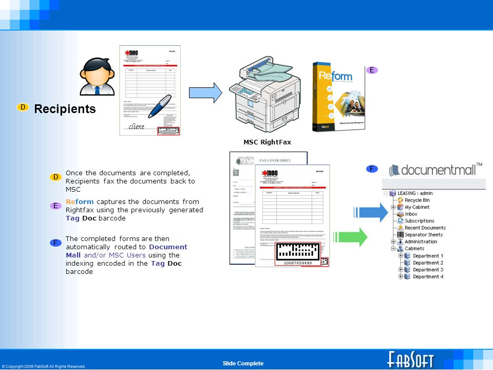 Recipients client MSC RightFax D E F D Once the documents are completed, Recipients fax the documents back to MSC E Reform captures the documents from Rightfax using the previously generated Tag Doc barcode F The completed forms are then automatically routed to Document Mall and/or MSC Users using the indexing encoded in the Tag Doc barcode Slide Complete