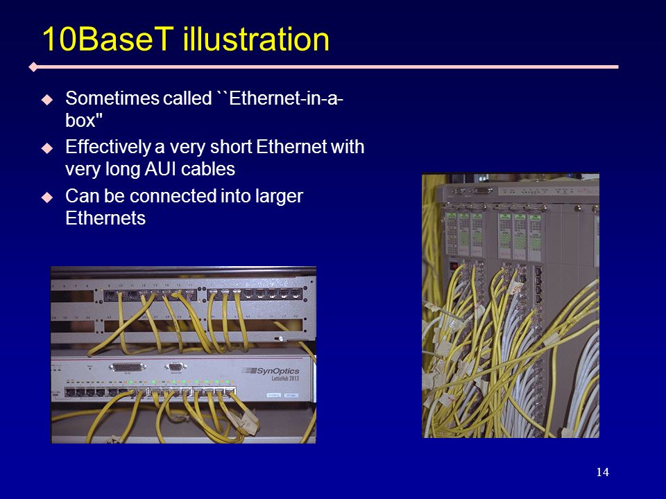 14 10BaseT illustration Sometimes called ``Ethernet-in-a- box Effectively a very short Ethernet with very long AUI cables Can be connected into larger Ethernets