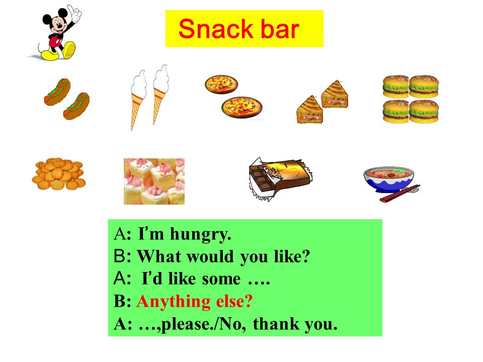 Snack bar A: Im hungry. B: What would you like. A: Id like some ….