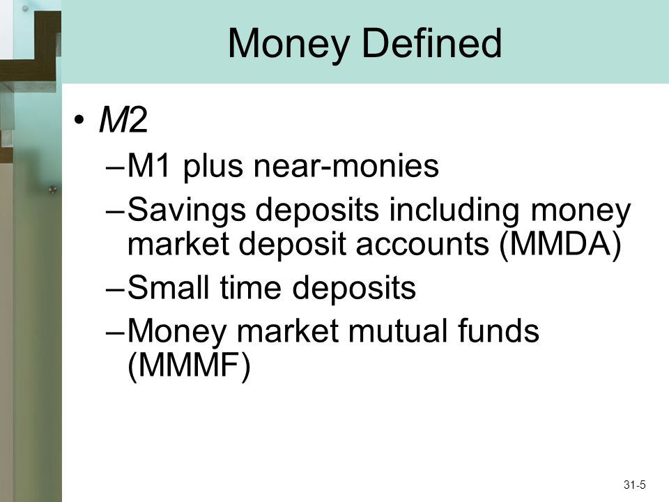 Money Defined M2 –M1 plus near-monies –Savings deposits including money market deposit accounts (MMDA) –Small time deposits –Money market mutual funds (MMMF) 31-5