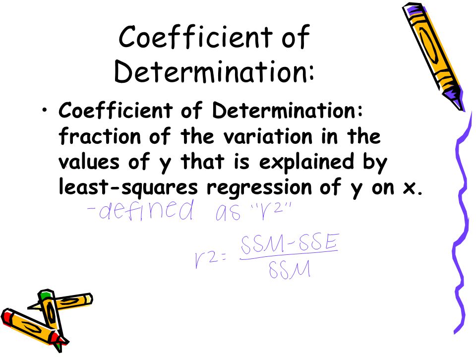 Coefficient of Determination: Coefficient of Determination: fraction of the variation in the values of y that is explained by least-squares regression of y on x.