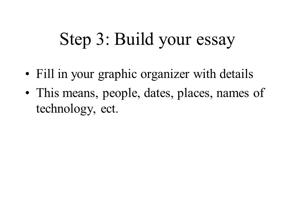 Step 3: Build your essay Fill in your graphic organizer with details This means, people, dates, places, names of technology, ect.