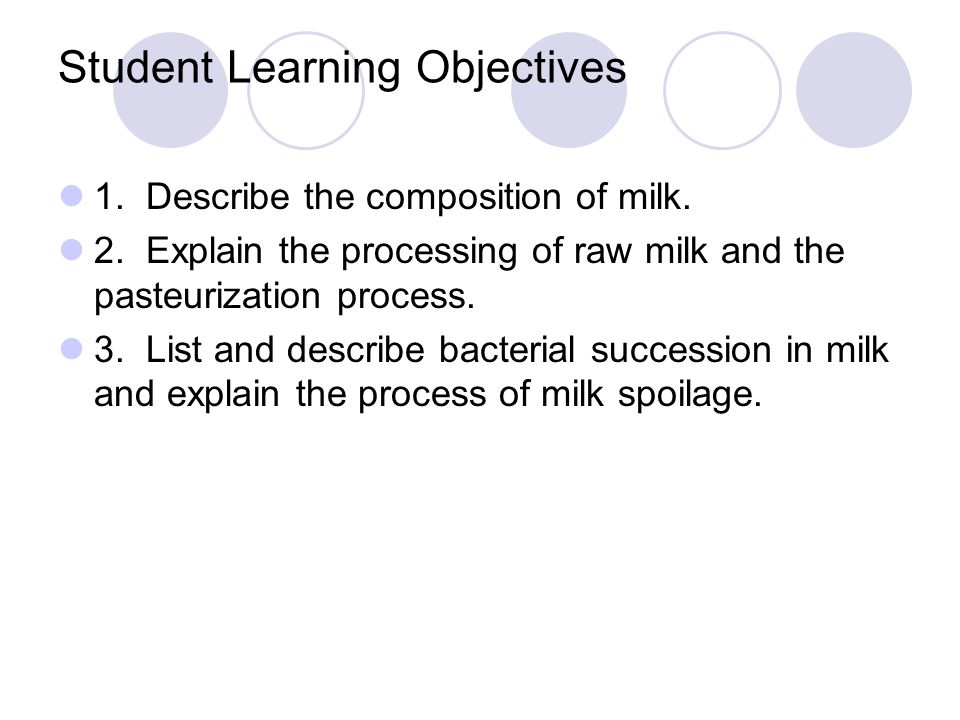 Student Learning Objectives 1. Describe the composition of milk.