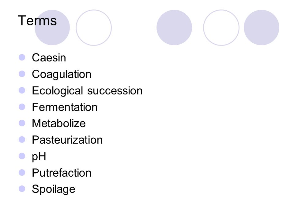 Terms Caesin Coagulation Ecological succession Fermentation Metabolize Pasteurization pH Putrefaction Spoilage