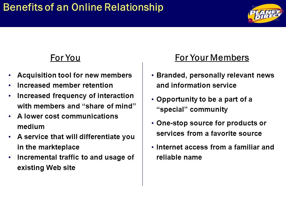 Benefits of an Online Relationship For Your Members Branded, personally relevant news and information service Opportunity to be a part of a special community One-stop source for products or services from a favorite source Internet access from a familiar and reliable name For You Acquisition tool for new members Increased member retention Increased frequency of interaction with members and share of mind A lower cost communications medium A service that will differentiate you in the markteplace Incremental traffic to and usage of existing Web site