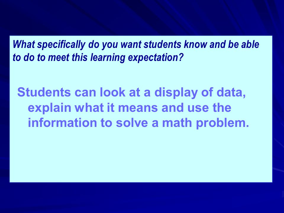 What specifically do you want students know and be able to do to meet this learning expectation.