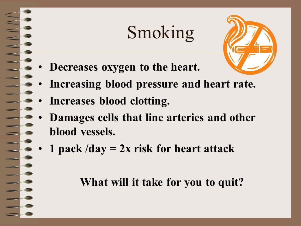 Smoking Decreases oxygen to the heart. Increasing blood pressure and heart rate.