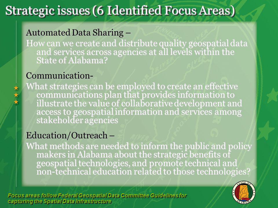 Strategic issues (6 Identified Focus Areas) Automated Data Sharing – How can we create and distribute quality geospatial data and services across agencies at all levels within the State of Alabama.