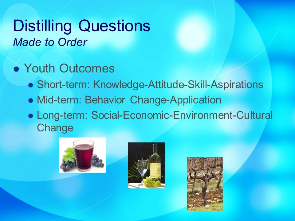 Distilling Questions Made to Order Youth Outcomes Short-term: Knowledge-Attitude-Skill-Aspirations Mid-term: Behavior Change-Application Long-term: Social-Economic-Environment-Cultural Change