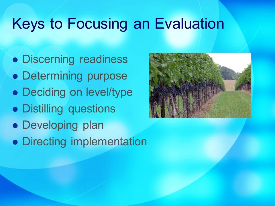 Keys to Focusing an Evaluation Discerning readiness Determining purpose Deciding on level/type Distilling questions Developing plan Directing implementation