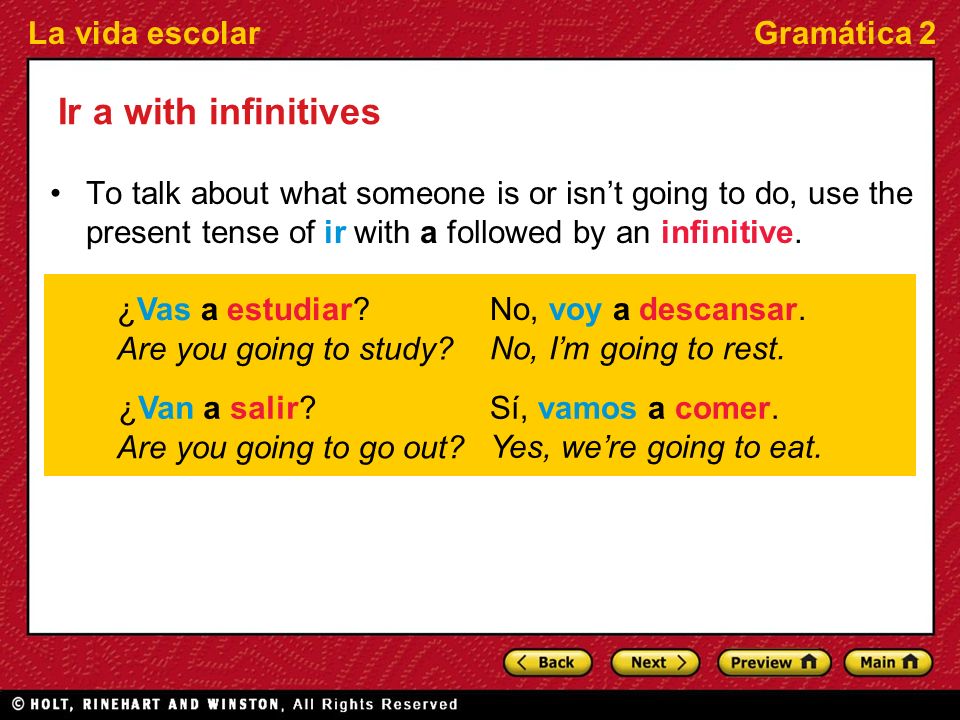 La vida escolarGramática 2 Ir a with infinitives To talk about what someone is or isnt going to do, use the present tense of ir with a followed by an infinitive.