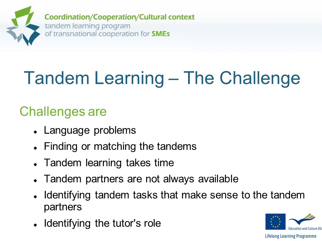 Tandem Learning – The Challenge Challenges are Language problems Finding or matching the tandems Tandem learning takes time Tandem partners are not always available Identifying tandem tasks that make sense to the tandem partners Identifying the tutor s role