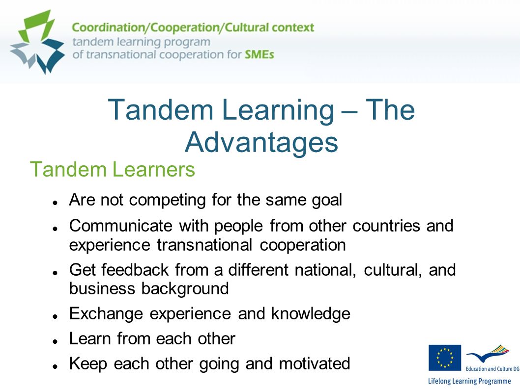Tandem Learning – The Advantages Tandem Learners Are not competing for the same goal Communicate with people from other countries and experience transnational cooperation Get feedback from a different national, cultural, and business background Exchange experience and knowledge Learn from each other Keep each other going and motivated