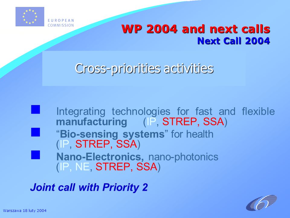 Warszawa 18 luty 2004 Integrating technologies for fast and flexible manufacturing (IP, STREP, SSA) Bio-sensing systems for health (IP, STREP, SSA) Nano-Electronics, nano-photonics (IP, NE, STREP, SSA) Joint call with Priority 2 WP 2004 and next calls Next Call 2004 Cross-priorities activities