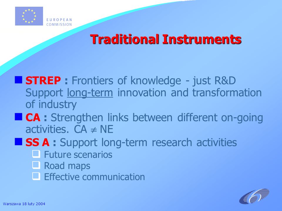 Warszawa 18 luty 2004 STREP : Frontiers of knowledge - just R&D Support long-term innovation and transformation of industry CA : Strengthen links between different on-going activities.