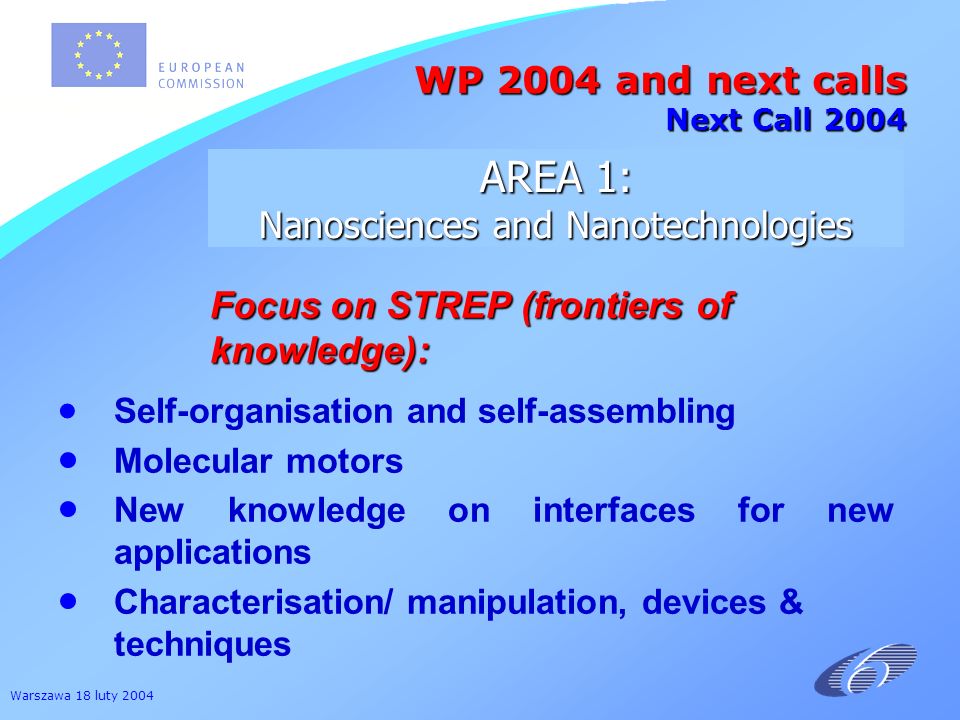 Warszawa 18 luty 2004 Focus on STREP (frontiers of knowledge): Self-organisation and self-assembling Molecular motors New knowledge on interfaces for new applications Characterisation/ manipulation, devices & techniques AREA 1: Nanosciences and Nanotechnologies WP 2004 and next calls Next Call 2004
