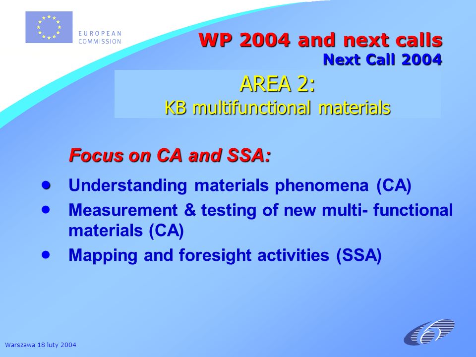 Warszawa 18 luty 2004 Focus on CA and SSA: Focus on CA and SSA: Understanding materials phenomena (CA) Measurement & testing of new multi- functional materials (CA) Mapping and foresight activities (SSA) WP 2004 and next calls Next Call 2004 AREA 2: KB multifunctional materials