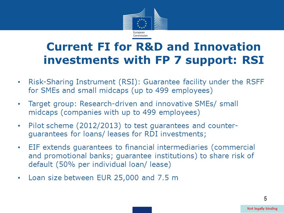 5 Risk-Sharing Instrument (RSI): Guarantee facility under the RSFF for SMEs and small midcaps (up to 499 employees) Target group: Research-driven and innovative SMEs/ small midcaps (companies with up to 499 employees) Pilot scheme (2012/2013) to test guarantees and counter- guarantees for loans/ leases for RDI investments; EIF extends guarantees to financial intermediaries (commercial and promotional banks; guarantee institutions) to share risk of default (50% per individual loan/ lease) Loan size between EUR 25,000 and 7.5 m Current FI for R&D and Innovation investments with FP 7 support: RSI Not legally binding