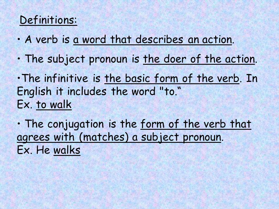 Definitions: A verb is a word that describes an action.