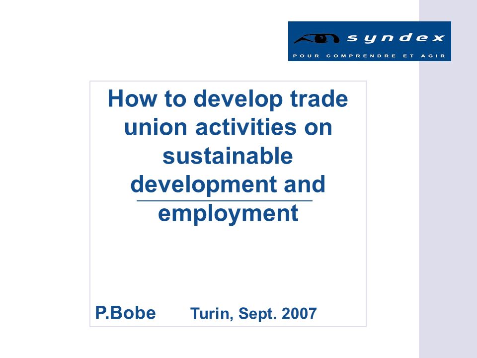How to develop trade union activities on sustainable development and employment P.Bobe Turin, Sept.