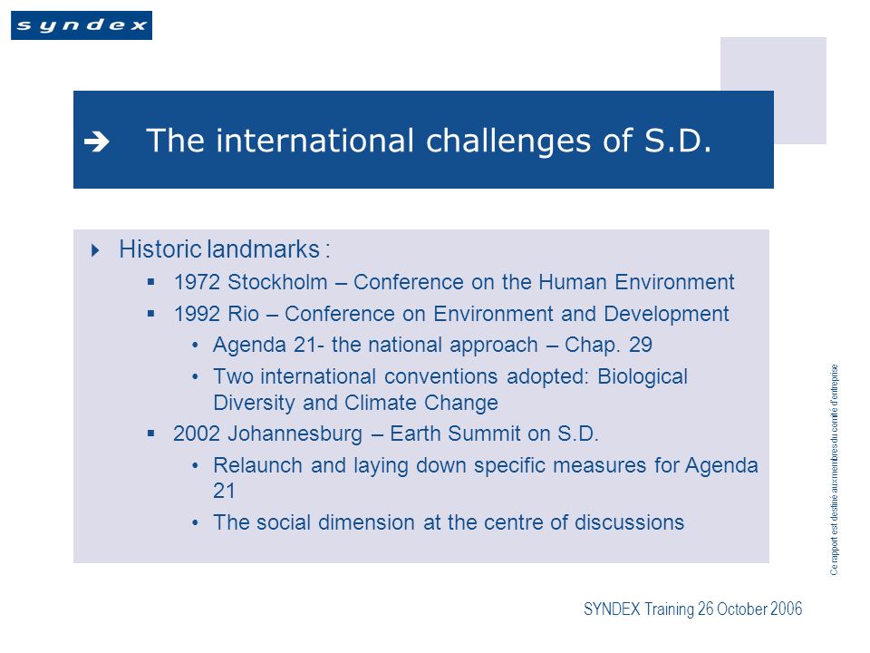Ce rapport est destiné aux membres du comité dentreprise SYNDEX Training 26 October 2006 The international challenges of S.D.