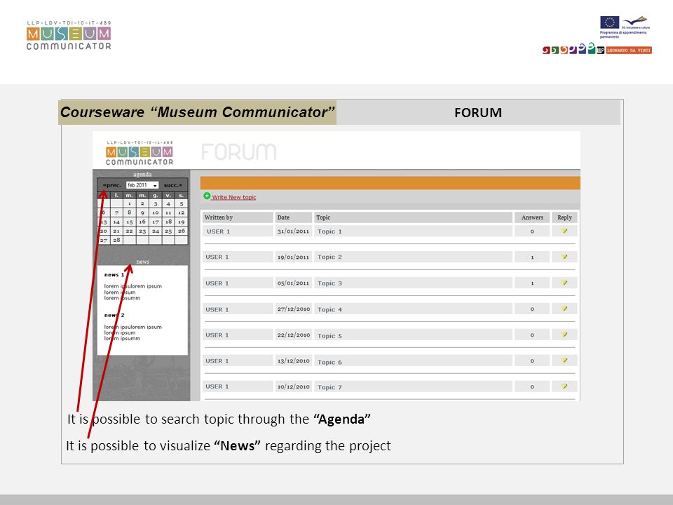 Courseware Museum Communicator FORUM It is possible to search topic through the Agenda It is possible to visualize News regarding the project