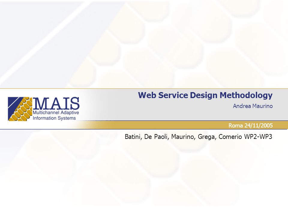 Andrea Maurino Web Service Design Methodology Batini, De Paoli, Maurino, Grega, Comerio WP2-WP3 Roma 24/11/2005