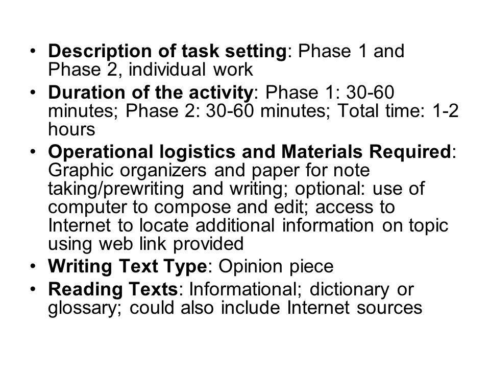 Description of task setting: Phase 1 and Phase 2, individual work Duration of the activity: Phase 1: minutes; Phase 2: minutes; Total time: 1-2 hours Operational logistics and Materials Required: Graphic organizers and paper for note taking/prewriting and writing; optional: use of computer to compose and edit; access to Internet to locate additional information on topic using web link provided Writing Text Type: Opinion piece Reading Texts: Informational; dictionary or glossary; could also include Internet sources