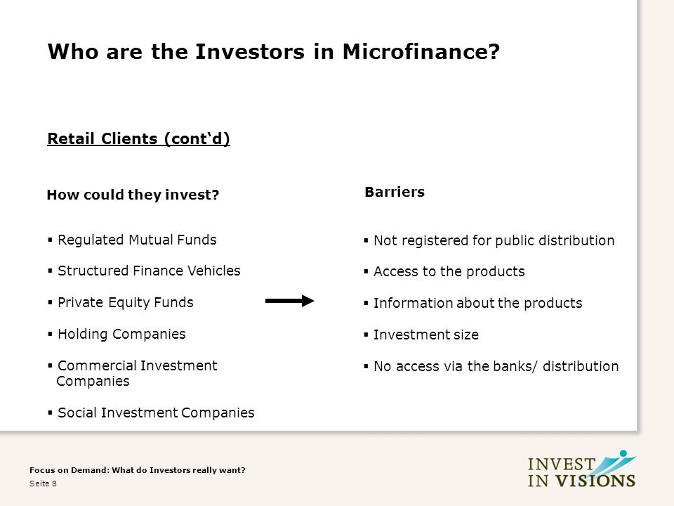 Focus on Demand: What do Investors really want. Seite 8 Who are the Investors in Microfinance.