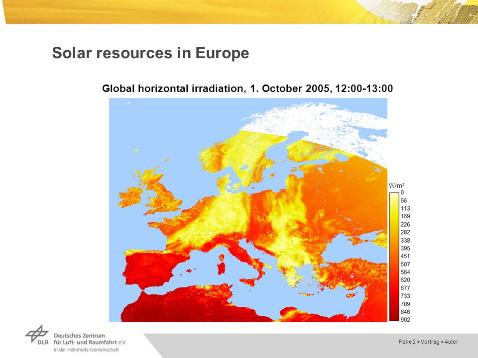 Dokumentname > Folie 2 > Vortrag > Autor Solar resources in Europe Global horizontal irradiation, 1.