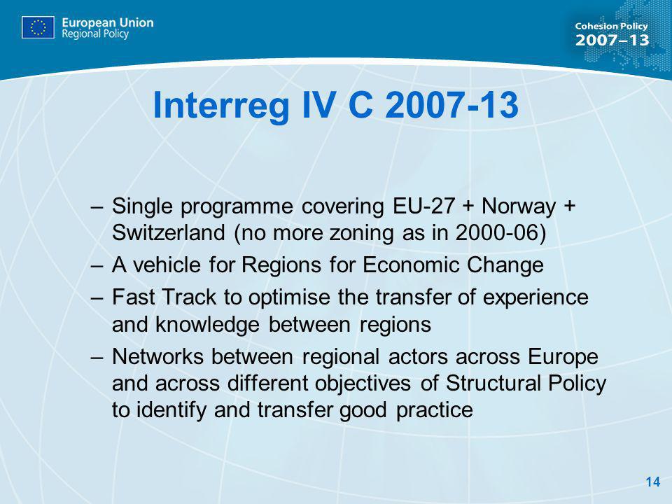 14 Interreg IV C –Single programme covering EU-27 + Norway + Switzerland (no more zoning as in ) –A vehicle for Regions for Economic Change –Fast Track to optimise the transfer of experience and knowledge between regions –Networks between regional actors across Europe and across different objectives of Structural Policy to identify and transfer good practice