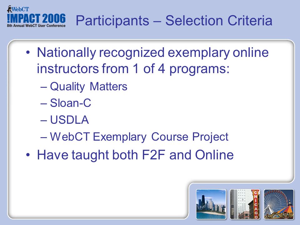 Participants – Selection Criteria Nationally recognized exemplary online instructors from 1 of 4 programs: –Quality Matters –Sloan-C –USDLA –WebCT Exemplary Course Project Have taught both F2F and Online