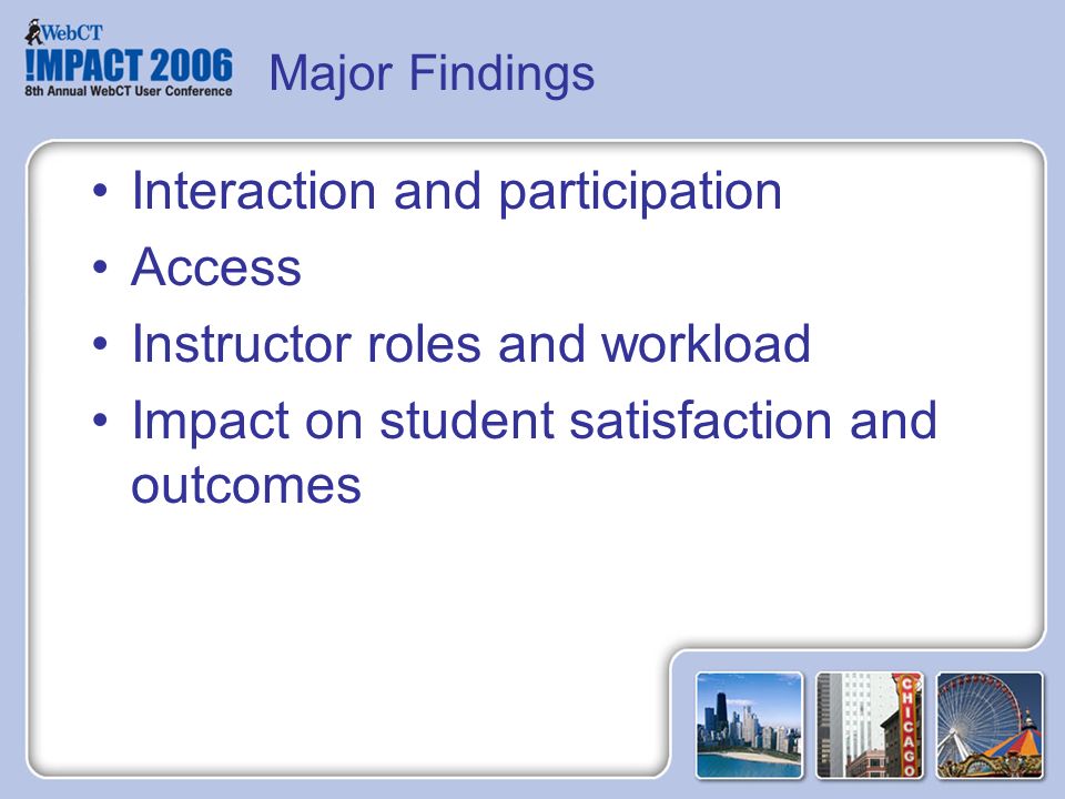Major Findings Interaction and participation Access Instructor roles and workload Impact on student satisfaction and outcomes