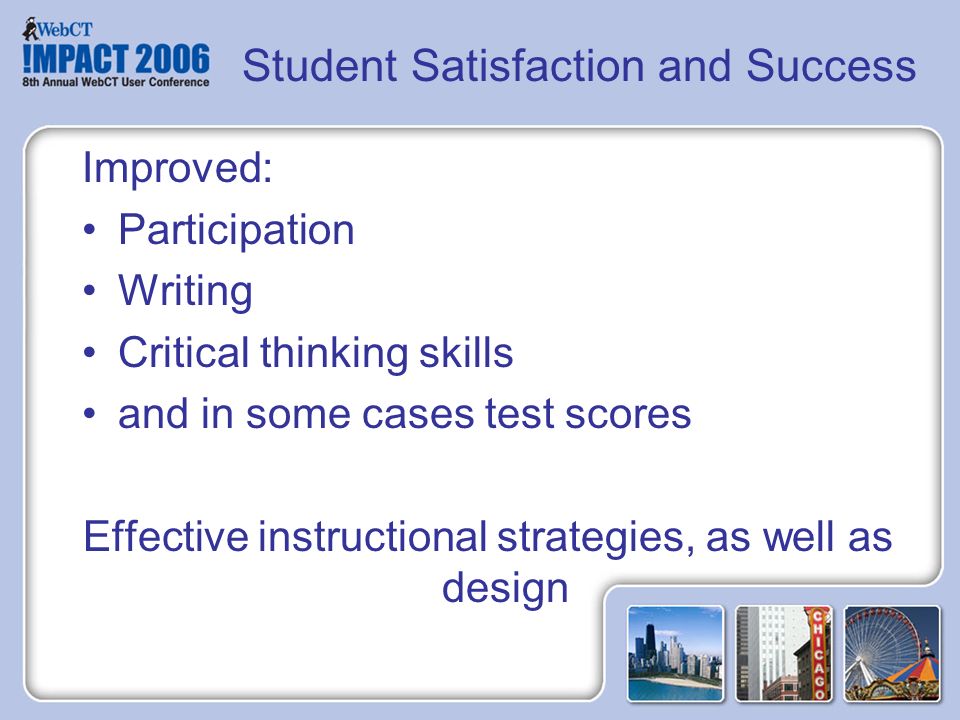 Student Satisfaction and Success Improved: Participation Writing Critical thinking skills and in some cases test scores Effective instructional strategies, as well as design