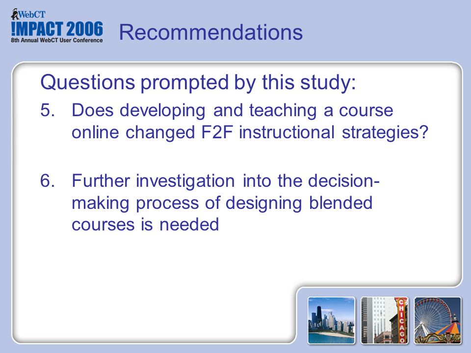 Questions prompted by this study: 5.Does developing and teaching a course online changed F2F instructional strategies.