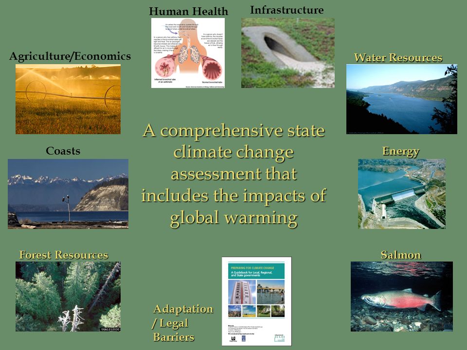 Human Health Agriculture/Economics Salmon Forest Resources CoastsEnergy Infrastructure Water Resources A comprehensive state climate change assessment that includes the impacts of global warming Adaptation / Legal Barriers
