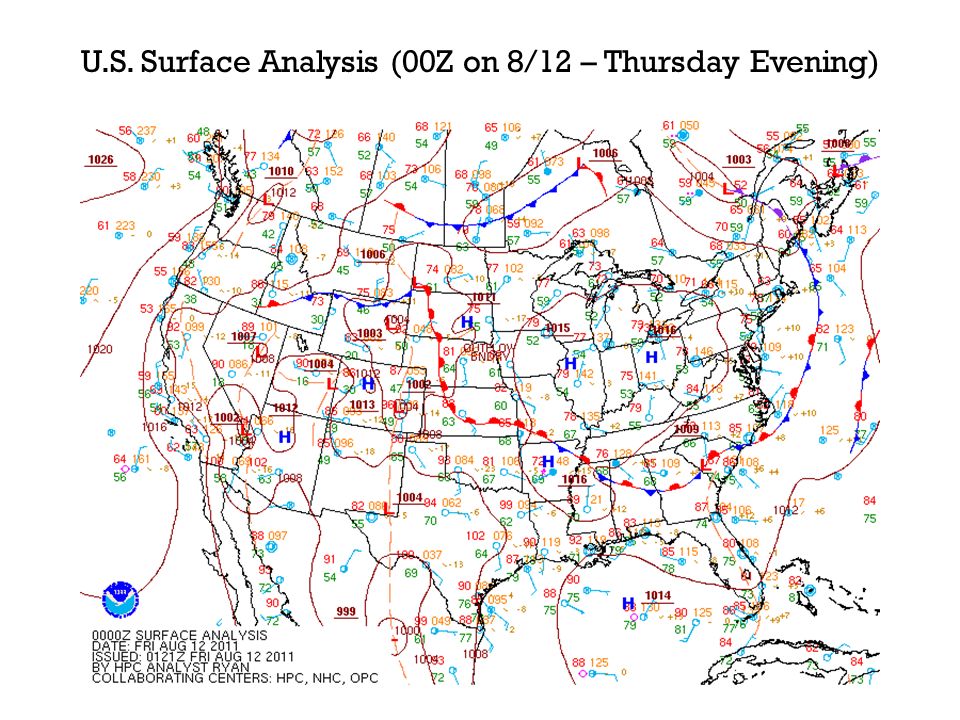 U.S. Surface Analysis (00Z on 8/12 – Thursday Evening)